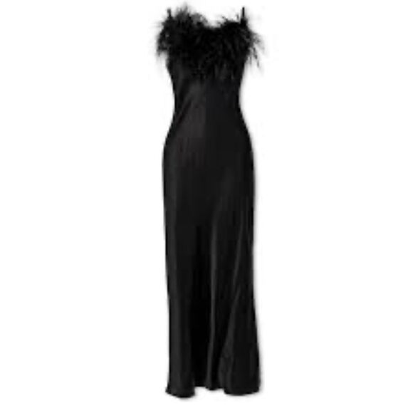 NWT SLEEPER Boheme Feather-trimmed Slip Dress in Ecovero Black $350 - Picture 2 of 9
